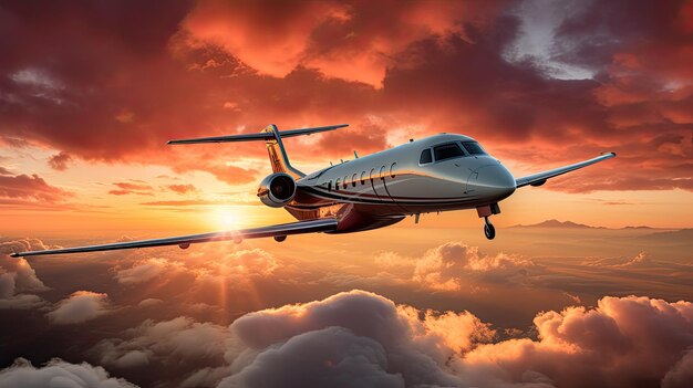 Een luxe privéjetvliegtuig vliegt over bewolkte hemelen bij zonsondergang