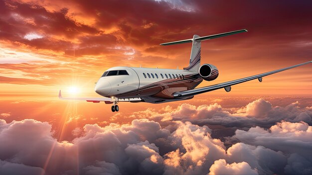 Een luxe privéjetvliegtuig vliegt over bewolkte hemelen bij zonsondergang