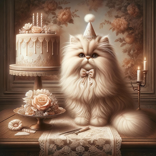 Foto een luxe roomkleurige perzische kitten viert haar verjaardag in een vintagestyled kamer