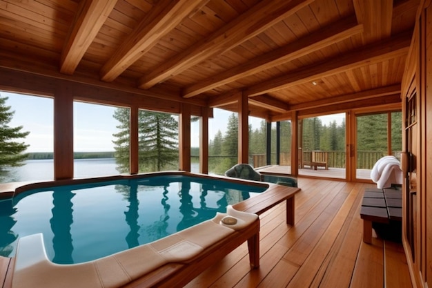 Een luxe spa met een stoombad en een hot tub met uitzicht op een rustig meer.