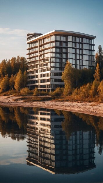 Foto een luxe vijfsterrenhotel aan de vlakte van de wolga, omringd door berkbossen.