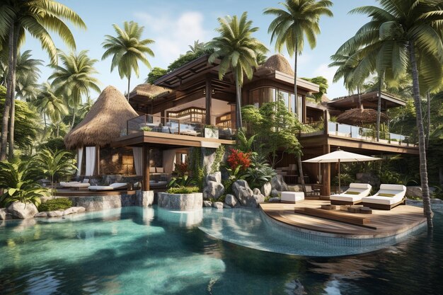 Een luxe villa met een zwembad en palmbomen.