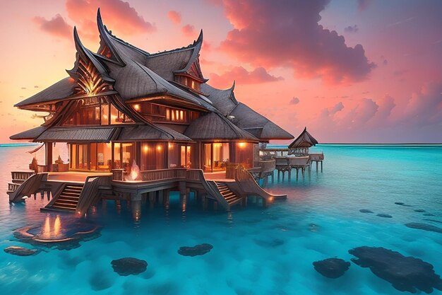 Een luxe water bungalow genesteld in het kristalheldere water van de Malediven omringd door levendige