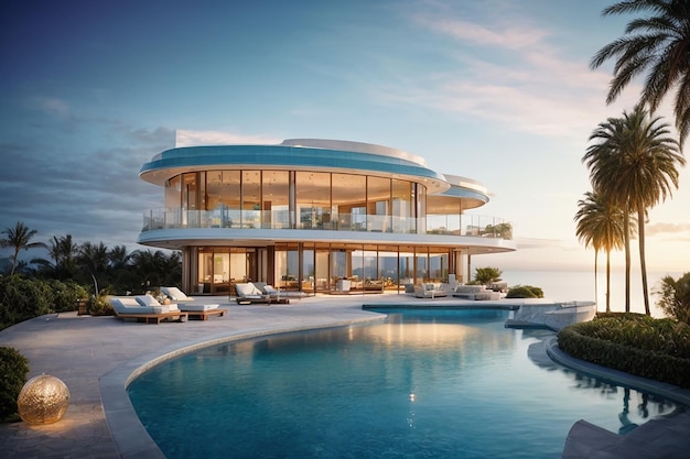 Een luxe woning aan het water Ontsnap aan uw ultieme droomhuis Luxe afbeelding Inspiratie voor onroerend goed Concept Modern huis buitenkant Decor idee 3D-rendering