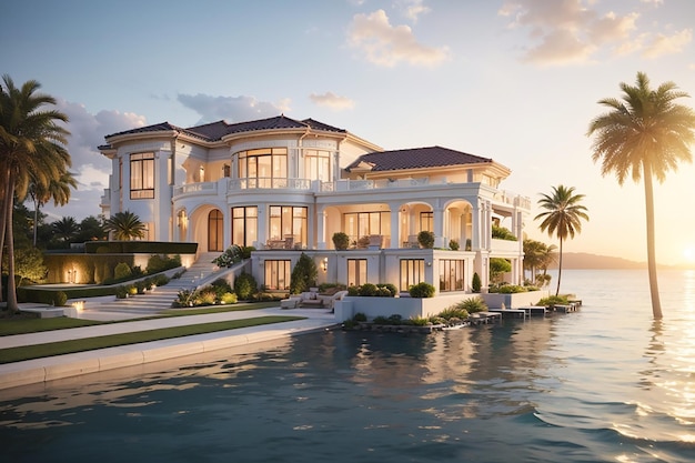 Een luxe woning aan het water Ontsnap aan uw ultieme droomhuis Luxe afbeelding Inspiratie voor vastgoedconcept Modern huis exterieur Decorideeën 3D-rendering