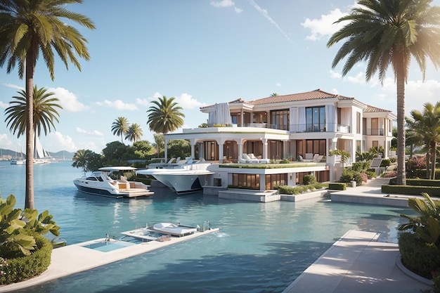 Een luxe woning aan het water Ontsnap aan uw ultieme droomhuis Luxe afbeelding Inspiratie voor vastgoedconcept Modern huis exterieur Decorideeën 3D-rendering