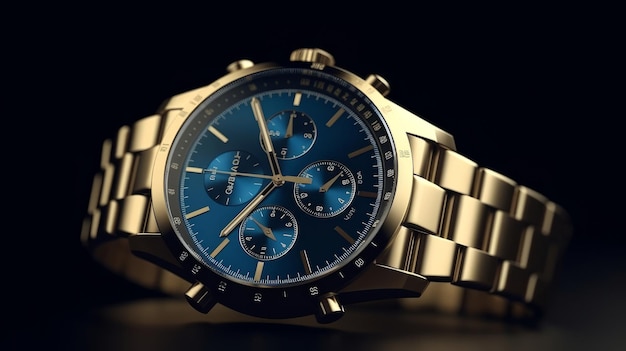 Een luxueus gouden horloge met een strakke blauwe wijzerplaat op een donkere achtergrond Generative ai