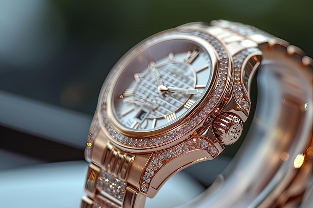 Een luxueus roze gouden horloge met een met diamanten beklede randje is de belichaming van tijdloze glamour en verfijning