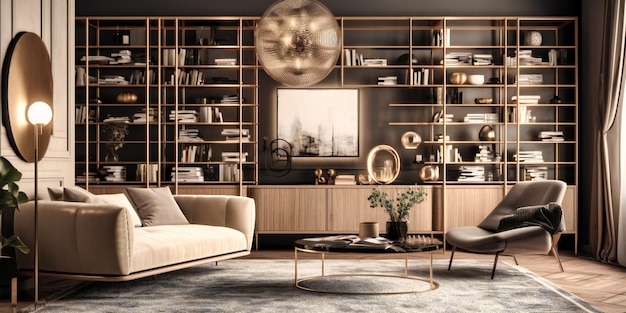 Een luxueuze woonkamer met een opvallende boekenplank die eigentijdse elegantie, stijl en functionaliteit uitstraalt