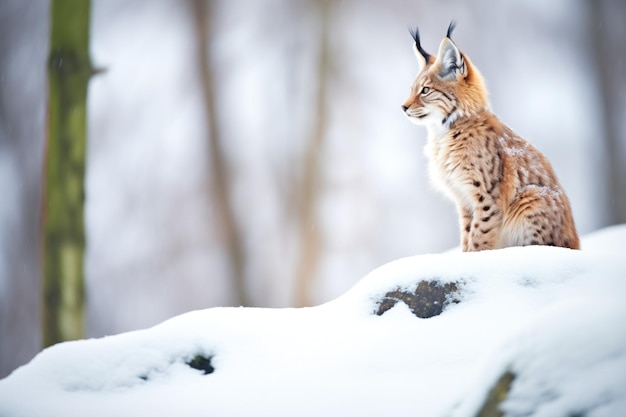 Een lynx die rustig op een besneeuwde bosheuvel zit