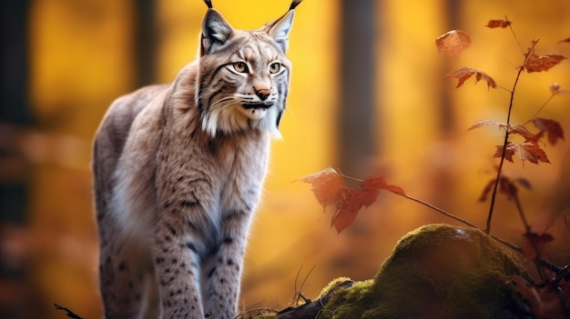 een lynx met een rood blad op de achtergrond