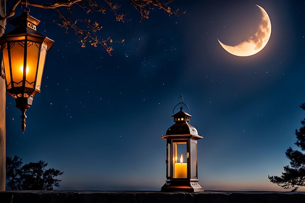 een maan rijst op over een toren met een volle maan op de achtergrond