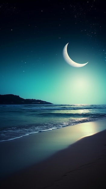 Een maansikkel is te zien boven het strand.