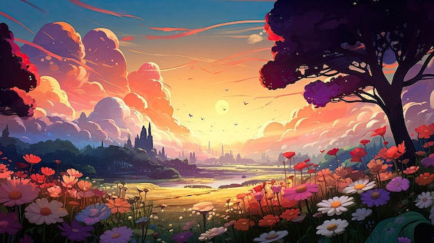 Een maanverlicht veld geschilderd met bloeiende bloemen Illustratie Generatieve AI