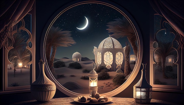 Een maanverlicht woestijntafereel met een woestijntafereel en een moskee