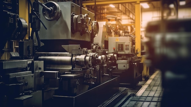 Een machine in een fabriek met een man op de achtergrond