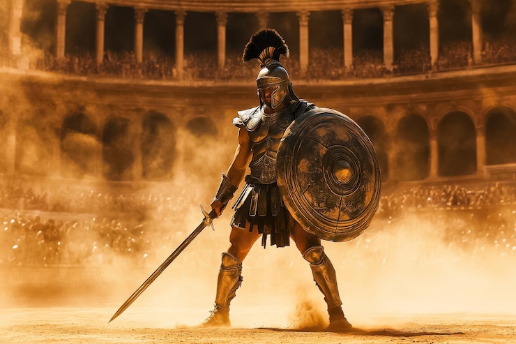 Foto een machtige gladiator staat in het midden van een oud colosseum met een groot rond schild in zijn hand