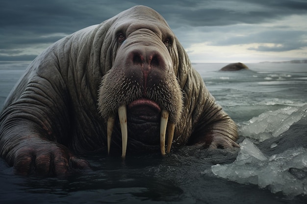 Een machtige walrus in het koude water