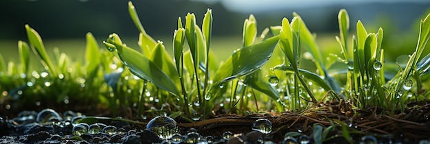 Een macro close-up foto van een klein plantenglas dat op een zonnige dag op de vloer groeit met waterdruppels erop