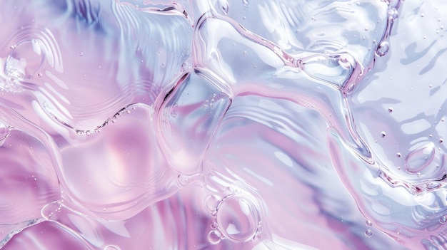 Een macro shot van een serene roze en blauwe gel textuur bezaaid met delicate waterdruppels