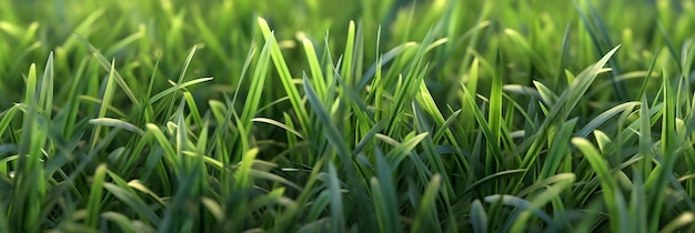 Een macroclose-upfoto van groen gras met natuurlijk zonlicht en dauw