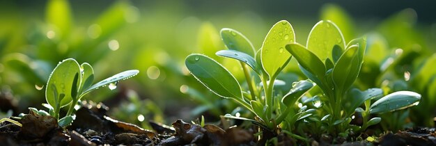 Een macroclose-upfoto van kleine freah groene installatieknoppen met natuurlijk zonlicht en dauw