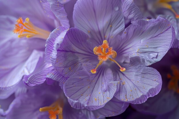 Een macrofoto onthult de verbazingwekkende details van paarse krokusbloemen met gouden stuifmeel op hun levendige bloemblaadjes