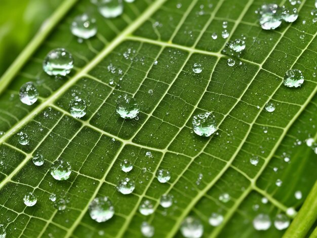 Foto een macrofoto van een blad met waterdruppels erop als kleine kristallen kiezels