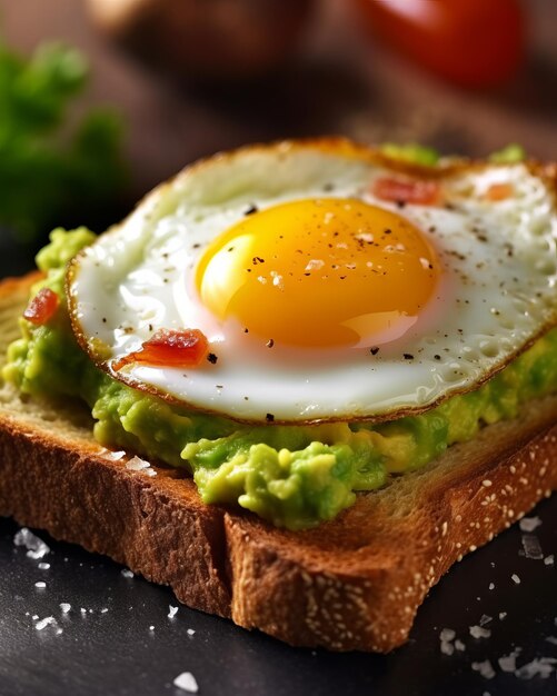 een macrofoto van een toast met guacamole en een gebakken ei