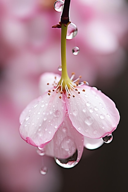 Een macrofoto van een waterdruppel die op een kersenbloemblad hangt