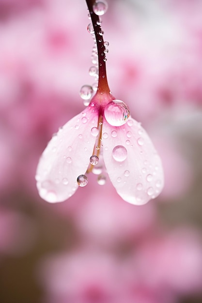 Foto een macrofoto van een waterdruppel die op een kersenbloemblad hangt