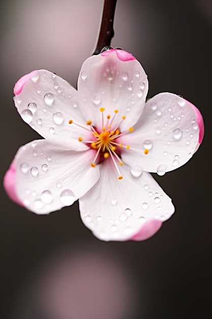 Foto een macrofoto van een waterdruppel die op een kersenbloemblad hangt