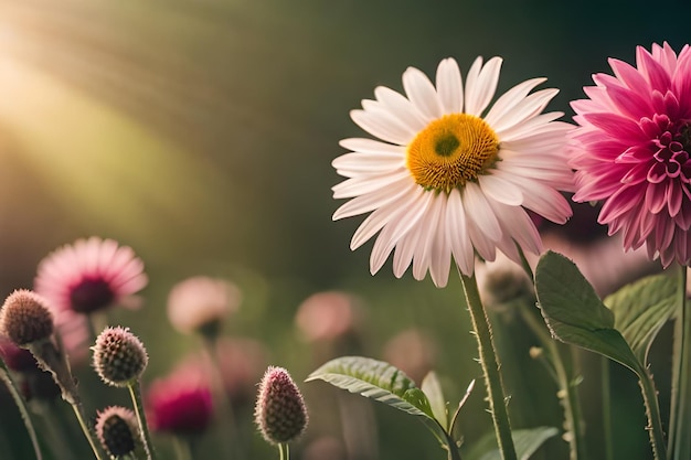 een madeliefje in een veld met roze bloemen