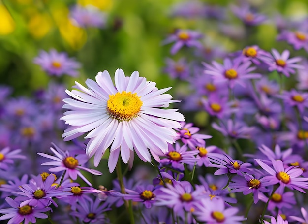 Een madeliefje in een veld van paarse bloemen