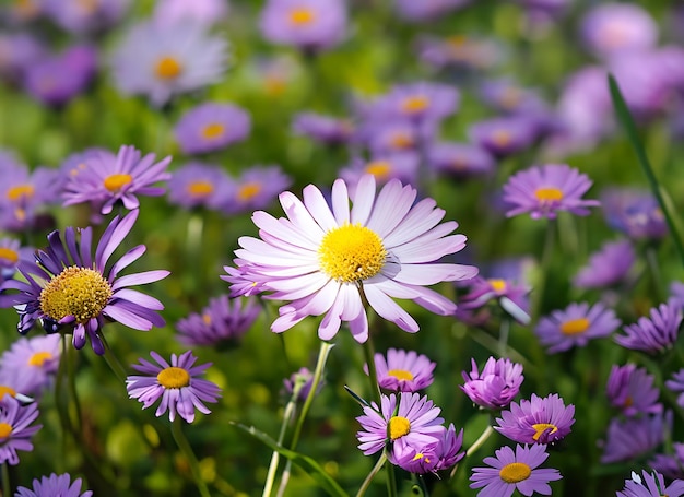 Een madeliefje in een veld van paarse bloemen