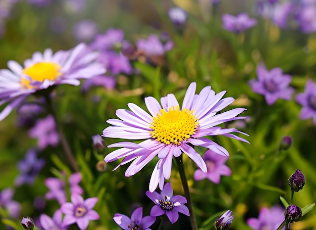 Een madeliefje in een veld van paarse bloemen