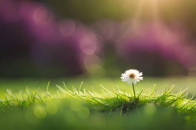 een madeliefje in het gras met de zon erachter