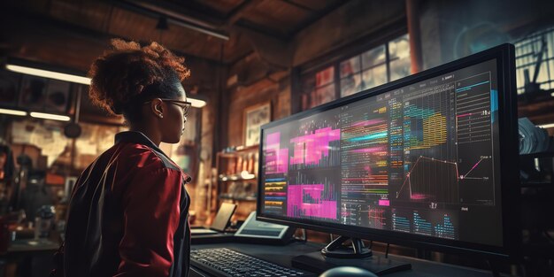 Foto een magazijnwerker kijkt naar een spreadsheet op een computerscherm generative ai