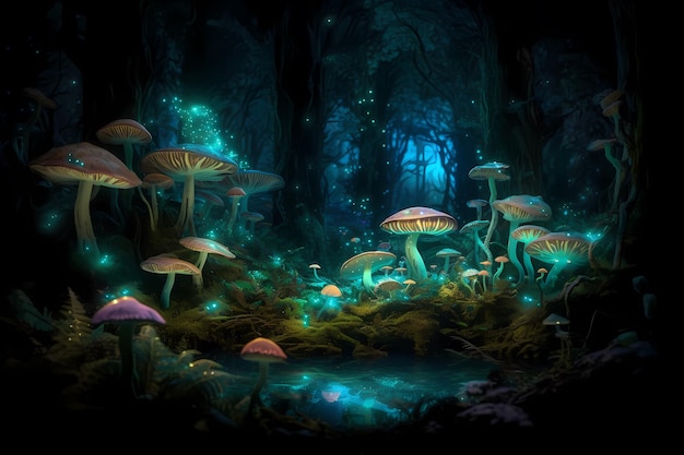 Een magisch bos gevuld met bioluminescente lichtplanten en wezens Ontwerpconcept op spelniveau Generatieve ai