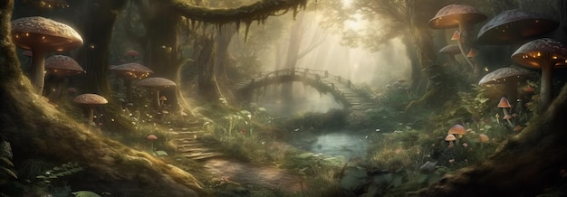 Een magisch bos met feeën die rondfladderen Horizontale banner AI gegenereerd