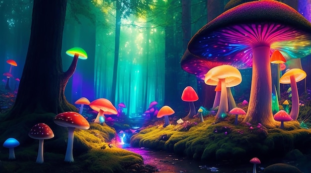 Een magisch bos met gloeiende paddenstoelen en een regenboog aan kleuren