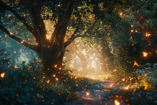 Een magisch bos verlicht door vuurvliegjes.