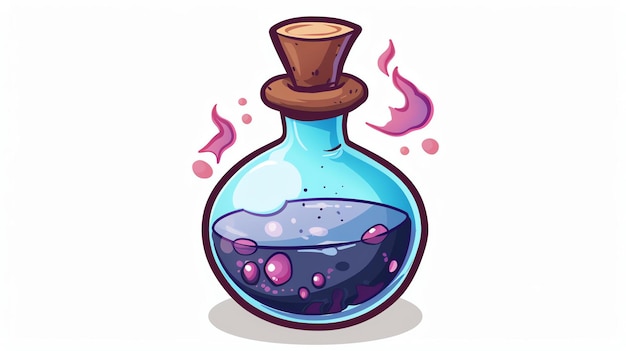 Een magisch drankje in een glazen fles de drankje is donker paars en er zijn bubbels die naar de oppervlakte stijgen de fles is verzegeld met een kurkstop