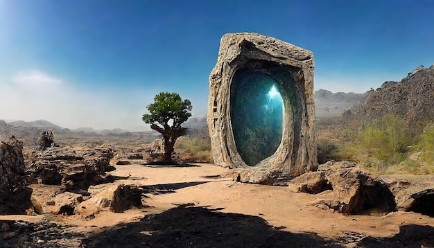 Een magisch fantastisch dicht groen bos Een blauw portaal is zichtbaar tussen de bomen Fantastische illustratie 3d illustratie