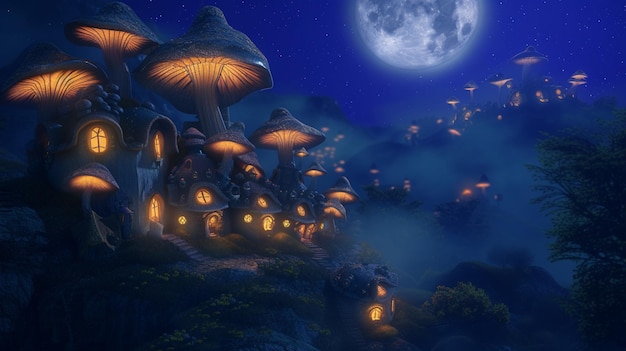 Een magische cluster van paddenstoelhuizen verlicht door de zachte gloed van de maan.
