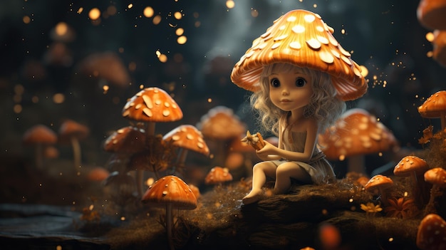 Een magische illustratie van een herfstfee op een paddenstoel