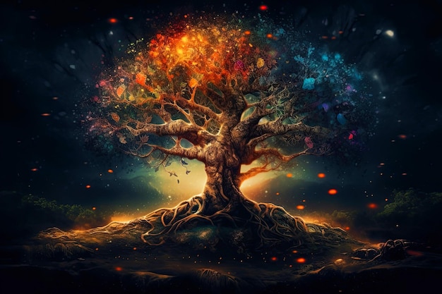 Een magische levensboom in het bos omringd door lichten Generatieve AI-illustratie