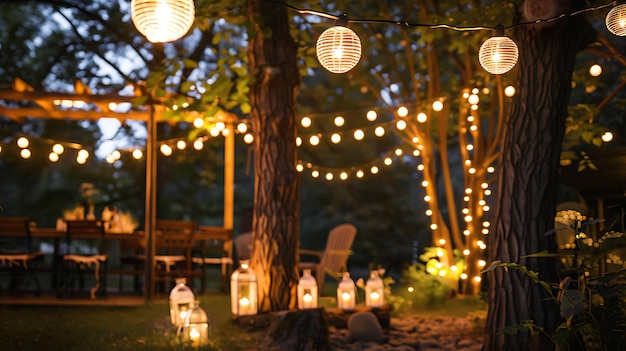 Een magische nacht in de tuin de bomen zijn versierd met lantaarns en de kaarsen werpen een warme gloed
