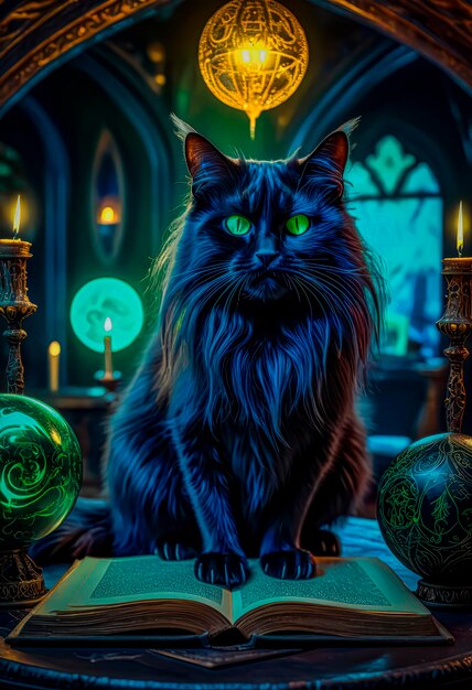 Foto een magische zwarte kat vertelt de toekomst op een magisch boek uit de tovenaarskamer.