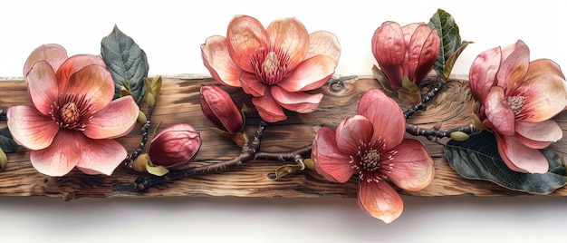 Foto een magnolia boeket met een houten bord dat kan worden aangepast met uw foto's of tekst een bloemenkrans een kopieerruimte is ook voorzien